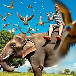 A surreal scene featuring birds throwing stones at a person riding an elephant