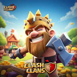 A vibrant and colorful Clash of Clans emote featuring a happy barbarian character with a big grin, wearing a spiked helmet and wielding a shiny axe, surrounded by cheering villagers