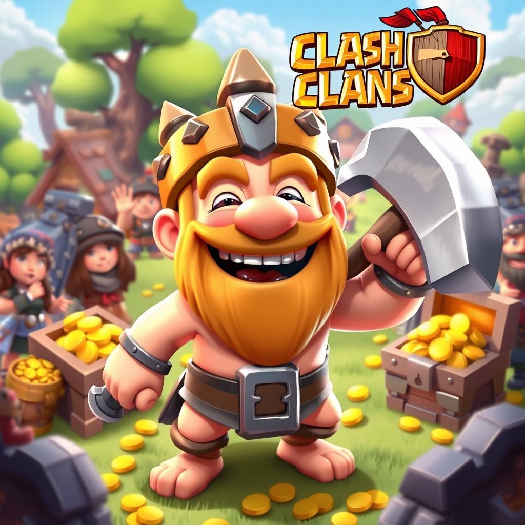 A vibrant and colorful Clash of Clans emote featuring a happy barbarian character with a big grin, wearing a spiked helmet and wielding a shiny axe, surrounded by cheering villagers