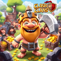 A vibrant and colorful Clash of Clans emote featuring a happy barbarian character with a big grin, wearing a spiked helmet and wielding a shiny axe, surrounded by cheering villagers
