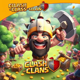 A vibrant and colorful Clash of Clans emote featuring a happy barbarian character with a big grin, wearing a spiked helmet and wielding a shiny axe, surrounded by cheering villagers