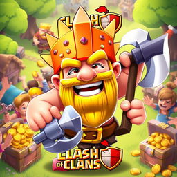 A vibrant and colorful Clash of Clans emote featuring a happy barbarian character with a big grin, wearing a spiked helmet and wielding a shiny axe, surrounded by cheering villagers