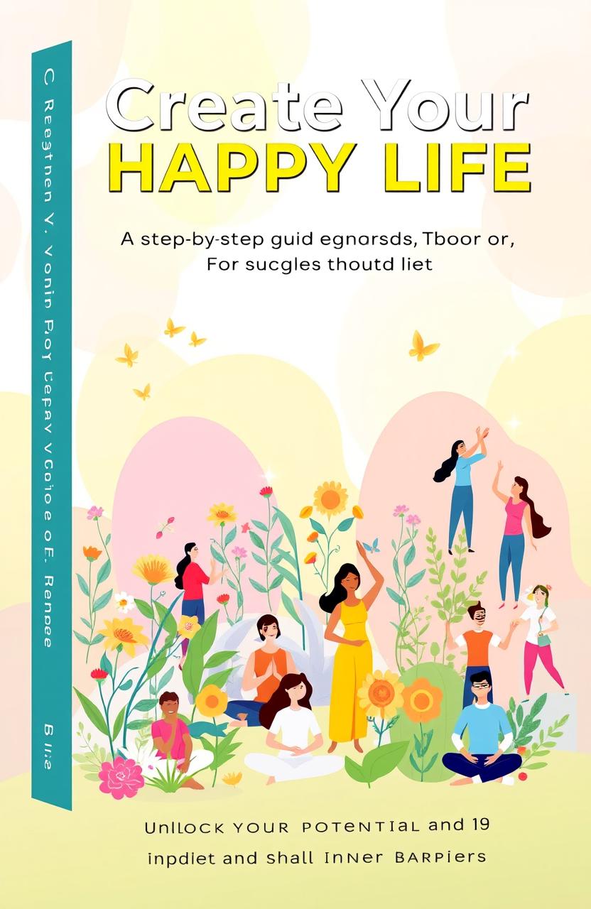 A vibrant book cover featuring the title 'Create Your Happy Life: A Step-by-Step Guide to Success and Harmony' prominently at the top in an uplifting, modern font
