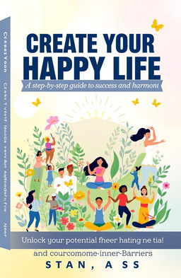 A vibrant book cover featuring the title 'Create Your Happy Life: A Step-by-Step Guide to Success and Harmony' prominently at the top in an uplifting, modern font