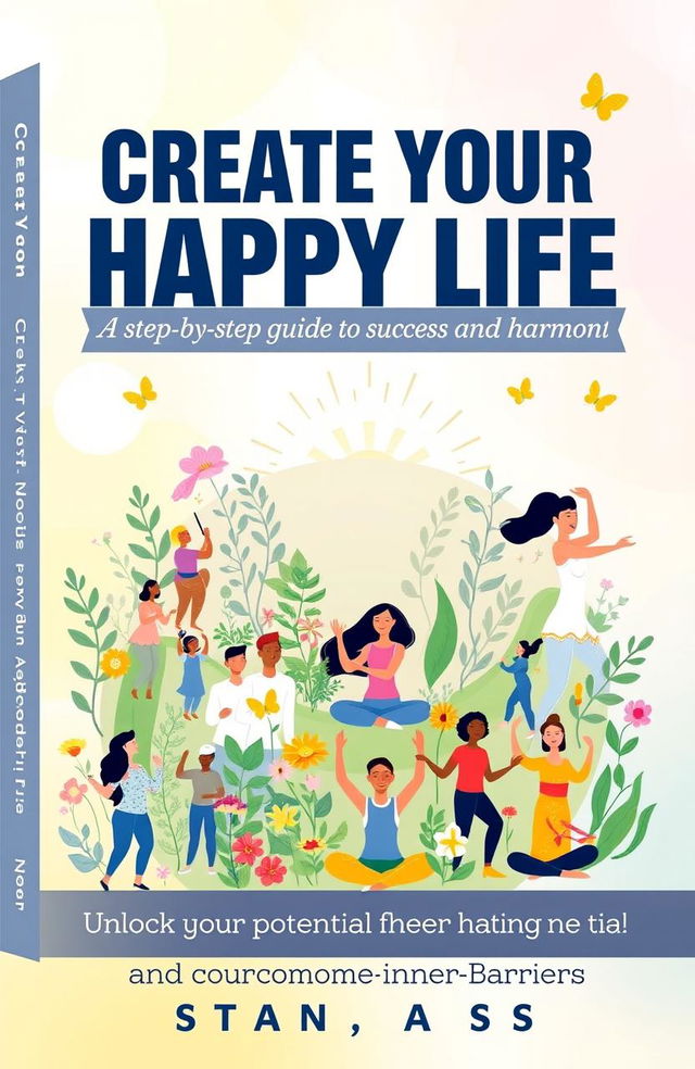 A vibrant book cover featuring the title 'Create Your Happy Life: A Step-by-Step Guide to Success and Harmony' prominently at the top in an uplifting, modern font