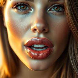 A stunning, close-up portrait of a beautiful woman with prominent, full lips that are glossy and well-defined