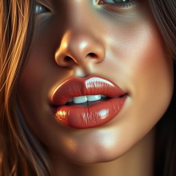 A stunning, close-up portrait of a beautiful woman with prominent, full lips that are glossy and well-defined