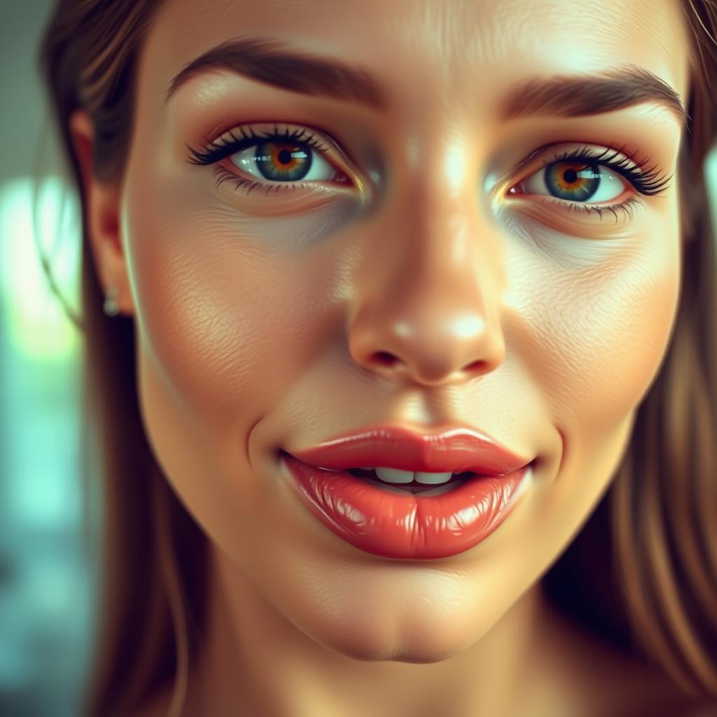 A stunning, close-up portrait of a beautiful woman with prominent, full lips that are glossy and well-defined