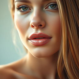 A stunning, close-up portrait of a beautiful woman with prominent, full lips that are glossy and well-defined
