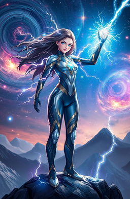 A superhuman girl with electric celestial powers, radiating vibrant energy and glowing with cosmic light