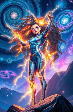 A superhuman girl with electric celestial powers, radiating vibrant energy and glowing with cosmic light