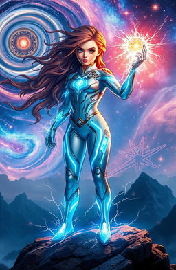 A superhuman girl with electric celestial powers, radiating vibrant energy and glowing with cosmic light