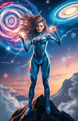 A superhuman girl with electric celestial powers, radiating vibrant energy and glowing with cosmic light