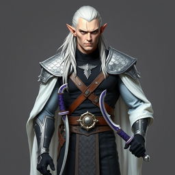 A full-length portrait of a high elf, depicted as tall and muscular, with pale skin and long white hair slicked back stylishly