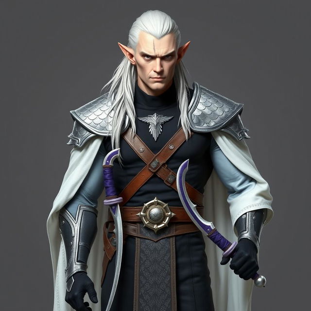 A full-length portrait of a high elf, depicted as tall and muscular, with pale skin and long white hair slicked back stylishly