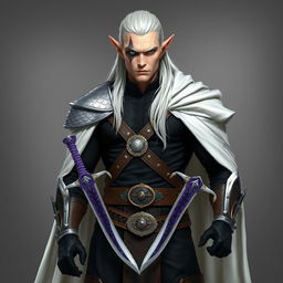 A full-length portrait of a high elf, depicted as tall and muscular, with pale skin and long white hair slicked back stylishly