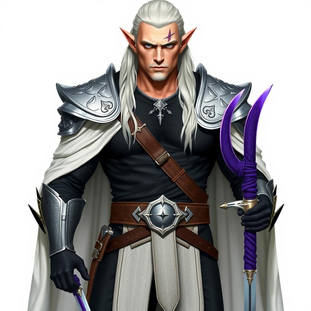 A full-length portrait of a high elf, depicted as tall and muscular, with pale skin and long white hair slicked back stylishly