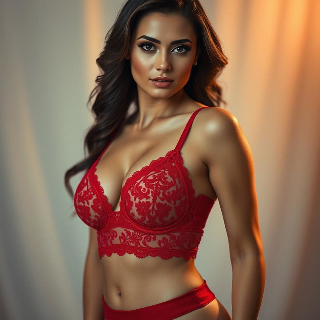 A beautiful woman confidently wearing only a vibrant red bra, set against a soft, dreamy background