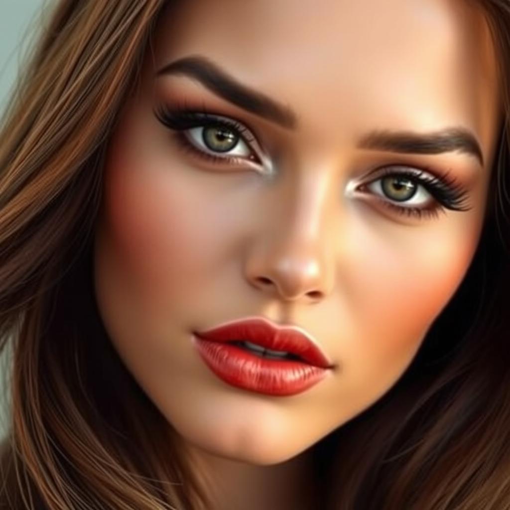 A close-up of a beautiful, striking face with prominent, fuller lips, featuring a stunning makeup look with bold colors