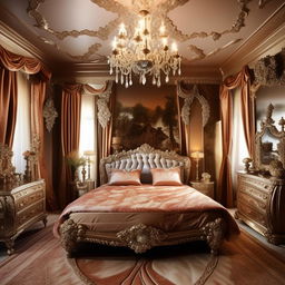 A lavish and extravagant bedroom with dimensions of 12 feet by 9 feet. The room boasts opulent furnishings, intricate designs, and shimmering accents, embodying a sense of luxury.