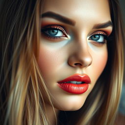 A close-up of a beautiful, striking face with prominent, fuller lips, featuring a stunning makeup look with bold colors