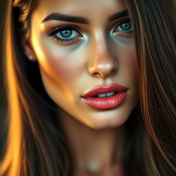 A close-up of a beautiful, striking face with prominent, fuller lips, featuring a stunning makeup look with bold colors