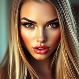 A close-up of a beautiful, striking face with prominent, fuller lips, featuring a stunning makeup look with bold colors