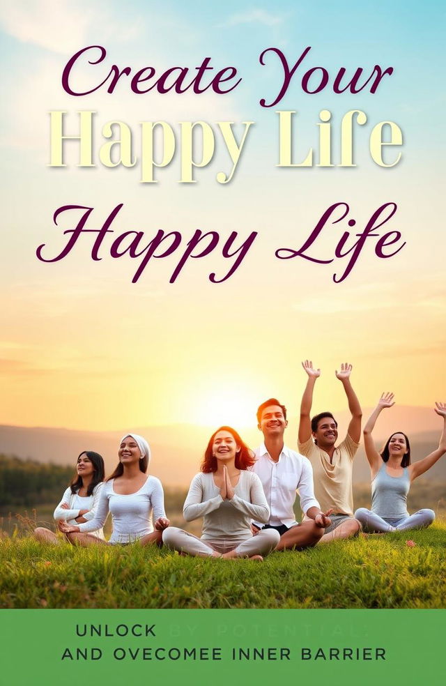 A serene and inspiring book cover design titled "Create Your Happy Life: A Step-by-Step Guide to Success and Harmony" featuring a tranquil landscape with a sunset backdrop
