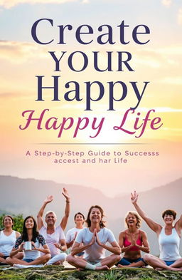 A serene and inspiring book cover design titled "Create Your Happy Life: A Step-by-Step Guide to Success and Harmony" featuring a tranquil landscape with a sunset backdrop