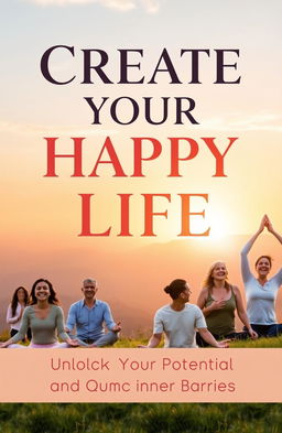 A serene and inspiring book cover design titled "Create Your Happy Life: A Step-by-Step Guide to Success and Harmony" featuring a tranquil landscape with a sunset backdrop