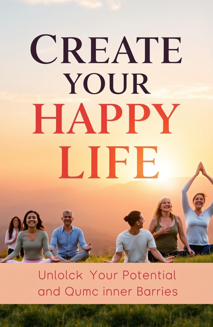 A serene and inspiring book cover design titled "Create Your Happy Life: A Step-by-Step Guide to Success and Harmony" featuring a tranquil landscape with a sunset backdrop