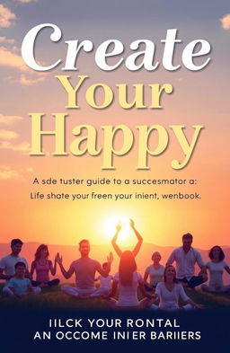 A serene and inspiring book cover design titled "Create Your Happy Life: A Step-by-Step Guide to Success and Harmony" featuring a tranquil landscape with a sunset backdrop