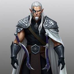 A tall, muscular high elf with pale skin and long white hair slicked back