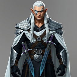 A tall, muscular high elf with pale skin and long white hair slicked back