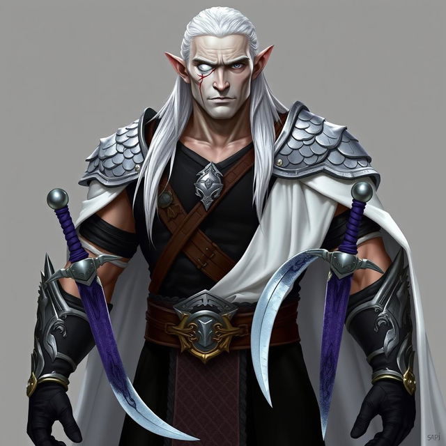 A tall, muscular high elf with pale skin and long white hair slicked back