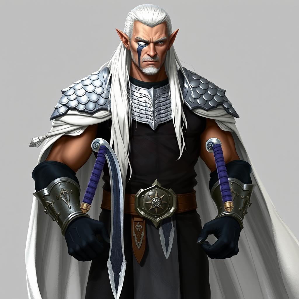 A tall, muscular high elf with pale skin and long white hair slicked back