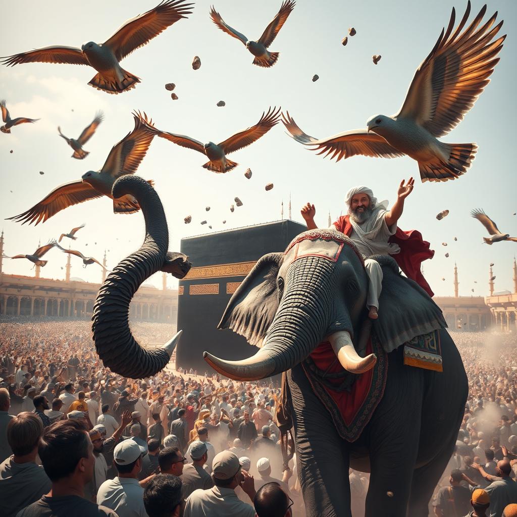 A dramatic scene depicting the Kaaba being attacked by the Ababil birds, which are throwing stones towards a man riding an elephant