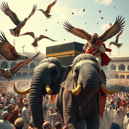A dramatic scene depicting the Kaaba being attacked by the Ababil birds, which are throwing stones towards a man riding an elephant