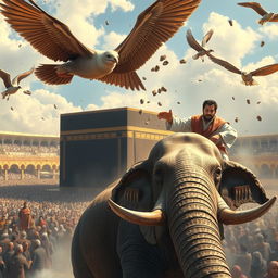 A dramatic scene depicting the Kaaba being attacked by the Ababil birds, which are throwing stones towards a man riding an elephant