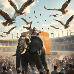 A dramatic scene depicting the Kaaba being attacked by the Ababil birds, which are throwing stones towards a man riding an elephant