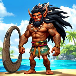 A hobgoblin character inspired by Maui from Moana, featuring exaggerated muscular features and a large, stylized tattoo that covers much of his body, depicting intricate tribal designs and ocean waves
