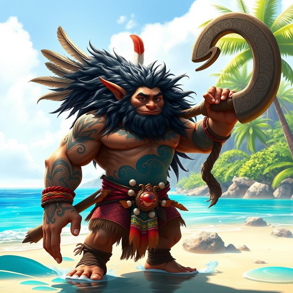 A hobgoblin character inspired by Maui from Moana, featuring exaggerated muscular features and a large, stylized tattoo that covers much of his body, depicting intricate tribal designs and ocean waves