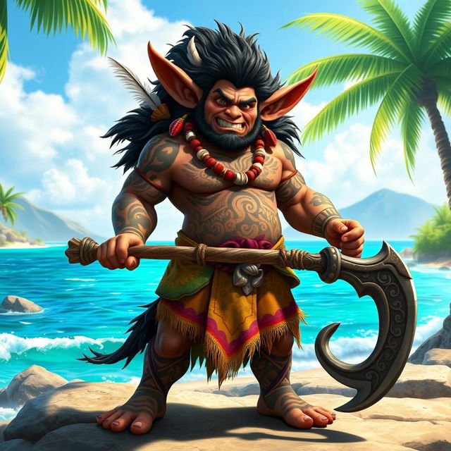 A hobgoblin character inspired by Maui from Moana, featuring exaggerated muscular features and a large, stylized tattoo that covers much of his body, depicting intricate tribal designs and ocean waves