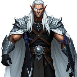 A tall, muscular high elf with pale skin and long white hair slicked back