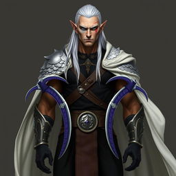 A tall, muscular high elf with pale skin and long white hair slicked back