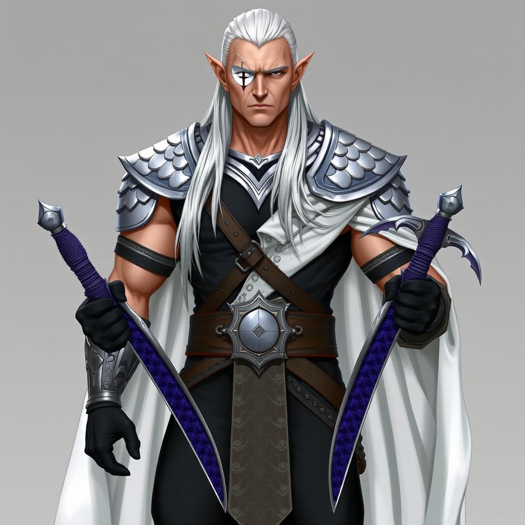 A tall, muscular high elf with pale skin and long white hair slicked back