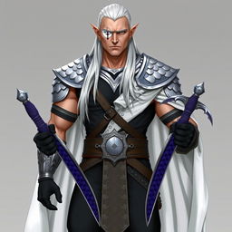 A tall, muscular high elf with pale skin and long white hair slicked back