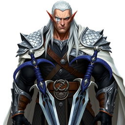 A tall, muscular high elf with pale skin and long white hair slicked back