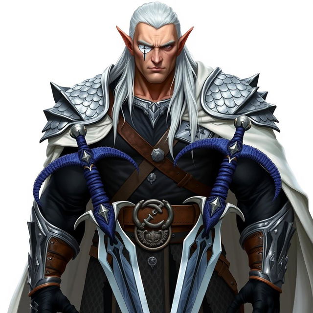 A tall, muscular high elf with pale skin and long white hair slicked back