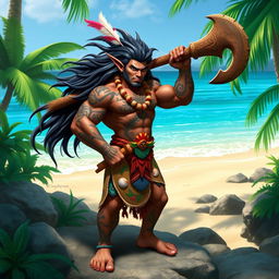A hobgoblin character inspired by Maui from Moana, depicted as a muscular warrior with an impressive physique and sweeping tribal tattoos that adorn his arms and torso, showcasing ocean motifs and celestial patterns